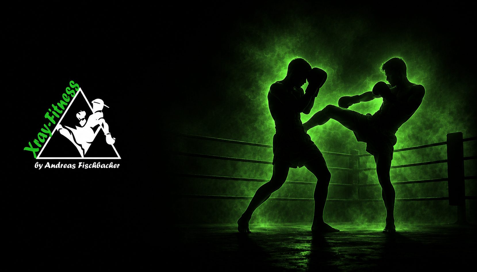 Xray-Fitness — Muay Thai Kampfgym: zwei Kämpfer in grün beleuchteter Silhouette